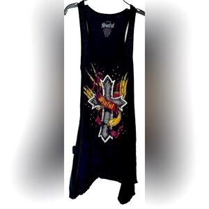 Y2K Sinful By Affliction Black Tank Top Dress Pockets Large Cross BLING Womens S